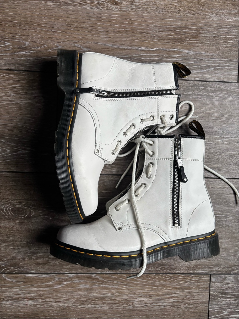 Dr. Martens White Leather Lace-Up Front & Side-Zip Combat Boots